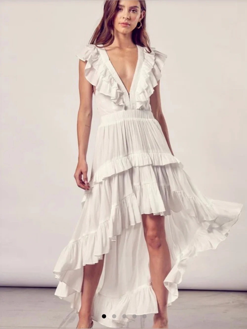 FASHION WHITE V-NECK HIGH LOW RUFFLE CROSS OPEN BACK SLEEVELESS MAXI DRESS - Picture 1 of 10